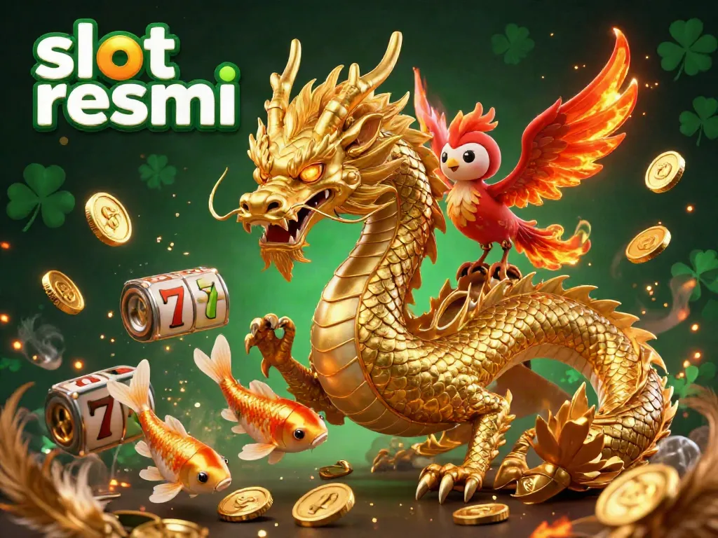 Engage in thrilling gameplay with slot resmi, illustrated with golden dragon, phoenix, and koi amidst coins and slot elements.