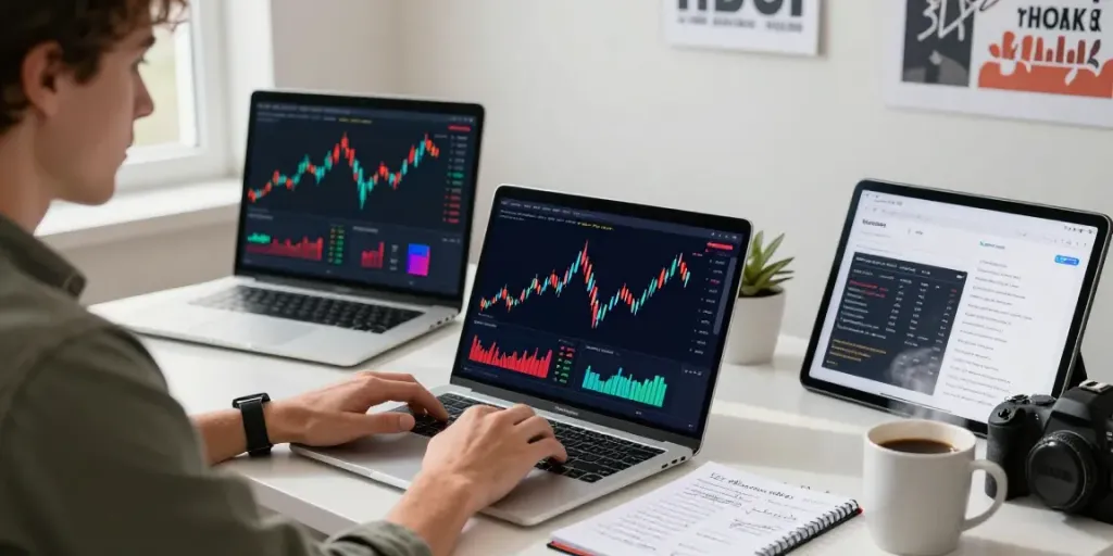 NordenCore.ca trading setup in a modern home office with a trader analyzing market charts on a laptop.