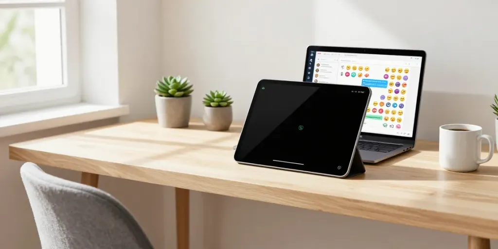 https://gbapps.net/gbwhatsapp-apk-dl/ download process on tablet in home office with plants and sunlight