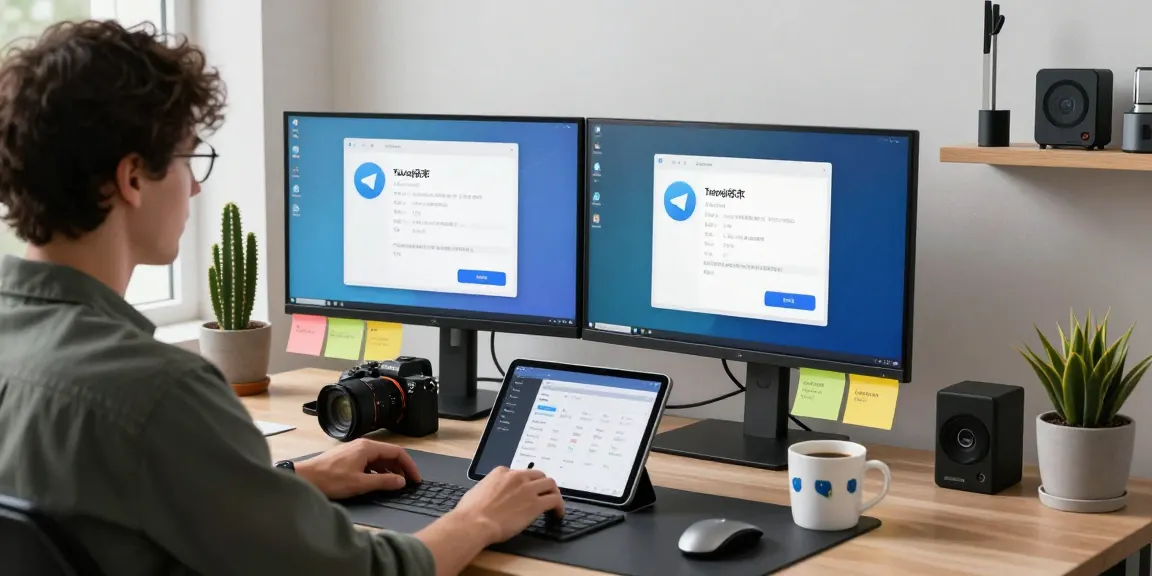 Configuring Telegram Chinese settings in a modern tech workspace with dual monitors and vibrant atmosphere.