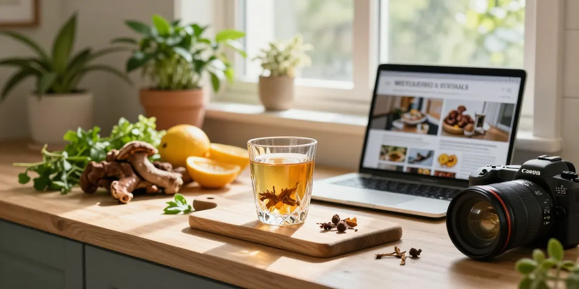 Chaga mushroom extract drink preparation in a serene home setting.